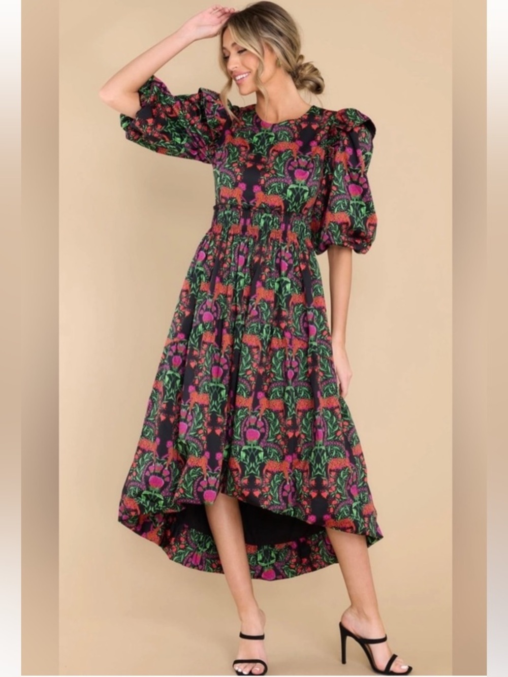 EMILY MCCARTHY IRIS LOUNGING LEOPARD COTTON POPLIN HIGH LOW BUBBLE MIDI DRESS